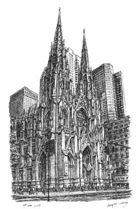 St Patricks Church New York with White mount (A4) in Flat grain black frame for A4 mounts (J90)