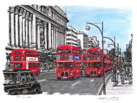 Red buses on Oxford Street - Limited Edition of 100 with White mount (A3) in Cushioned Black frame for A3 mounts (C59)