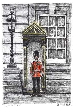 Soldier guarding Buckingham Palace with White mount (A4) in Flat grain black frame for A4 mounts (J90)