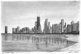 Chicago skyline from Lakeshore Drive with White mount (A4) in Cushioned Black frame for A4 mounts (C59)