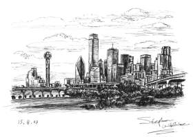 Dallas Skyline, Texas with White mount (A4) in Flat grain black frame for A4 mounts (J90)