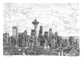 Seattle skyline with White mount (A4) in Cushioned Black frame for A4 mounts (C59)