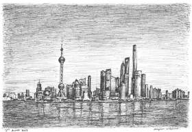 Shanghai skyline with White mount (A4) in Flat grain black frame for A4 mounts (J90)