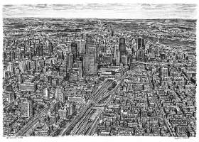 Aerial view of Montreal, Canada with White mount (A3) in Flat hessian black frame for A3 mounts (P70)