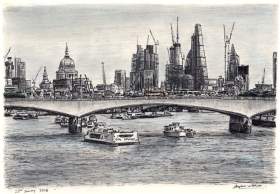 View of London skyline from Waterloo Bridge with White mount (A4) in Cushioned Black frame for A4 mounts (C59)