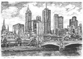 Melbourne Skyline with White mount (A4) in Flat grain black frame for A4 mounts (J90)