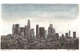 Downtown Los Angeles Skyline with White mount (A4) in Flat grain black frame for A4 mounts (J90)