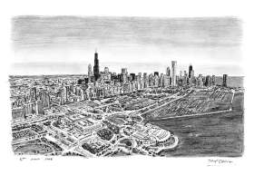 Aerial view of Chicago with White mount (A3) in Cushioned Black frame for A3 mounts (C59)