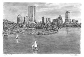 Boston Skyline with White mount (A4) in Flat grain black frame for A4 mounts (J90)