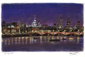 St Pauls and London Skyline at night with White mount (A4) in Cushioned Black frame for A4 mounts (C59)