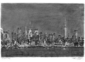 Manhattan Skyline at night with White mount (A3) in Cushioned Black frame for A3 mounts (C59)