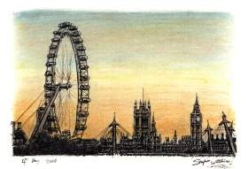 London Eye and Houses of Parliament with White mount (A3) in Cushioned Black frame for A3 mounts (C59)