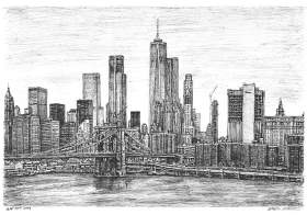 Brooklyn Bridge and One World Trade Center with White mount (A3) in Cushioned Black frame for A3 mounts (C59)