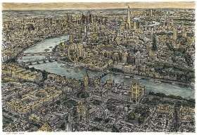 Aerial view of London (Limited Edition of 50) with White mount (A2) in Flat grain black frame for A2 mounts (J90)