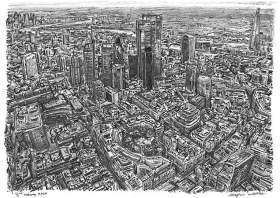 Aerial view of City of London with White mount (A4) in Flat grain black frame for A4 mounts (J90)