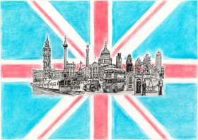 London Montage Flag with White mount (A4) in Flat grain black frame for A4 mounts (J90)