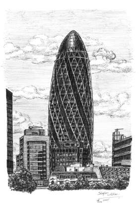 Gherkin Building London with White mount (A2) in Flat grain black frame for A2 mounts (J90)