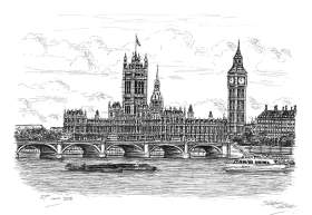 Houses of Parliament with White mount (A2) in Flat grain black frame for A2 mounts (J90)