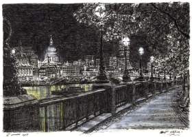 St Pauls and London skyline from Southbank at night with White mount (A4) in Cushioned Black frame for A4 mounts (C59)