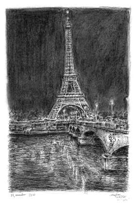 Eiffel Tower at night (Paris) with White mount (A4) in Flat grain black frame for A4 mounts (J90)