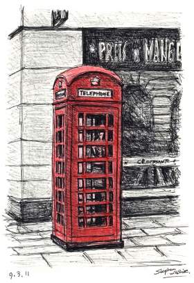 Telephone Box near the Royal Opera Arcade with White mount (A4) in Flat grain black frame for A4 mounts (J90)