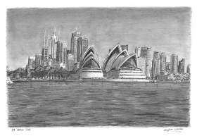 Sydney Opera House with White mount (A4) in Flat grain black frame for A4 mounts (J90)