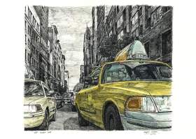 New York street scene with New York taxi cab with White mount (A2) in Flat grain black frame for A2 mounts (J90)