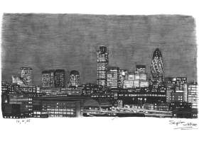 London City Skyline at night with White mount (A4) in Cushioned Black frame for A4 mounts (C59)