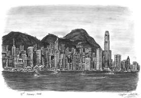 Hong Kong Skyline with White mount (A3) in Cushioned Black frame for A3 mounts (C59)