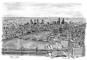 Birds eye view of London from London Eye with White mount (A4) in Flat grain black frame for A4 mounts (J90)