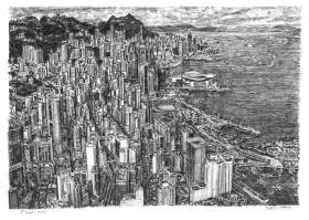 Aerial view of Hong Kong with White mount (A4) in Flat grain black frame for A4 mounts (J90)