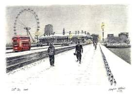 Snow Scene at Westminster Bridge  with White mount (A3) in Cushioned Black frame for A3 mounts (C59)