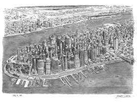 Aerial view of Financial District, NY with White mount (A4) in Flat grain black frame for A4 mounts (J90)