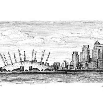 The Artwork Millennium Dome and view of Canary Wharf