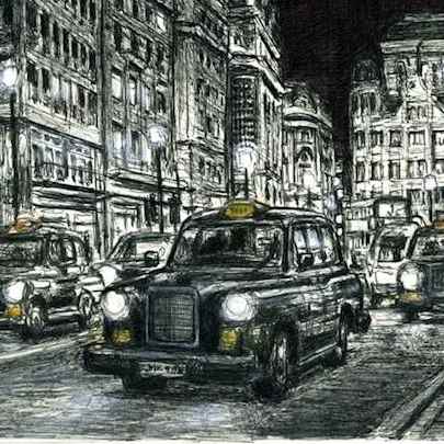 The Artwork London Taxi Cab at Haymarket at night