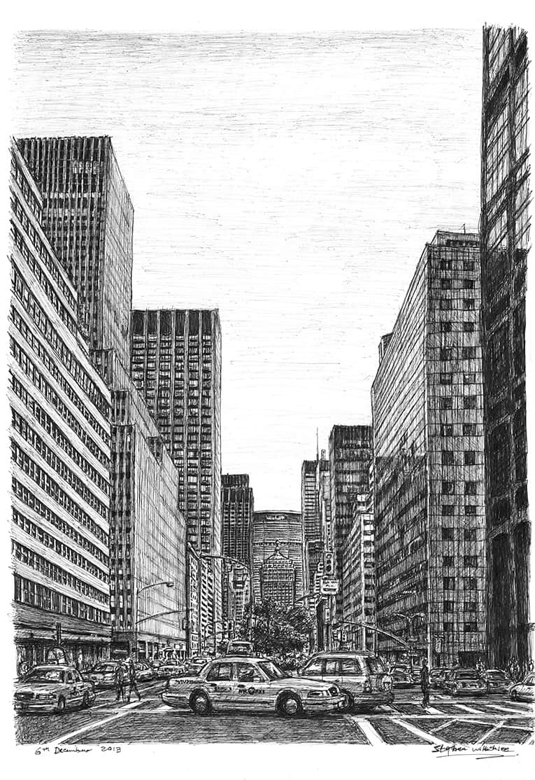 New York street scene on Park Avenue Original drawings, prints and
