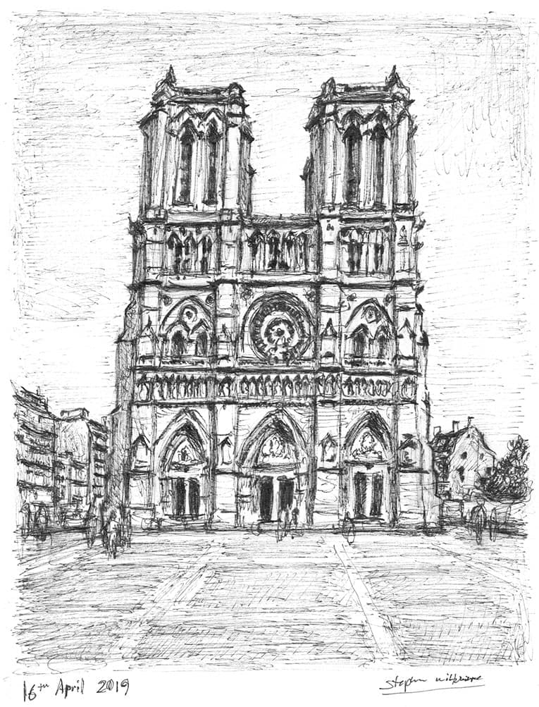Notre Dame, Paris with White mount (A4) in Flat grain black frame for A4 mounts (J90)